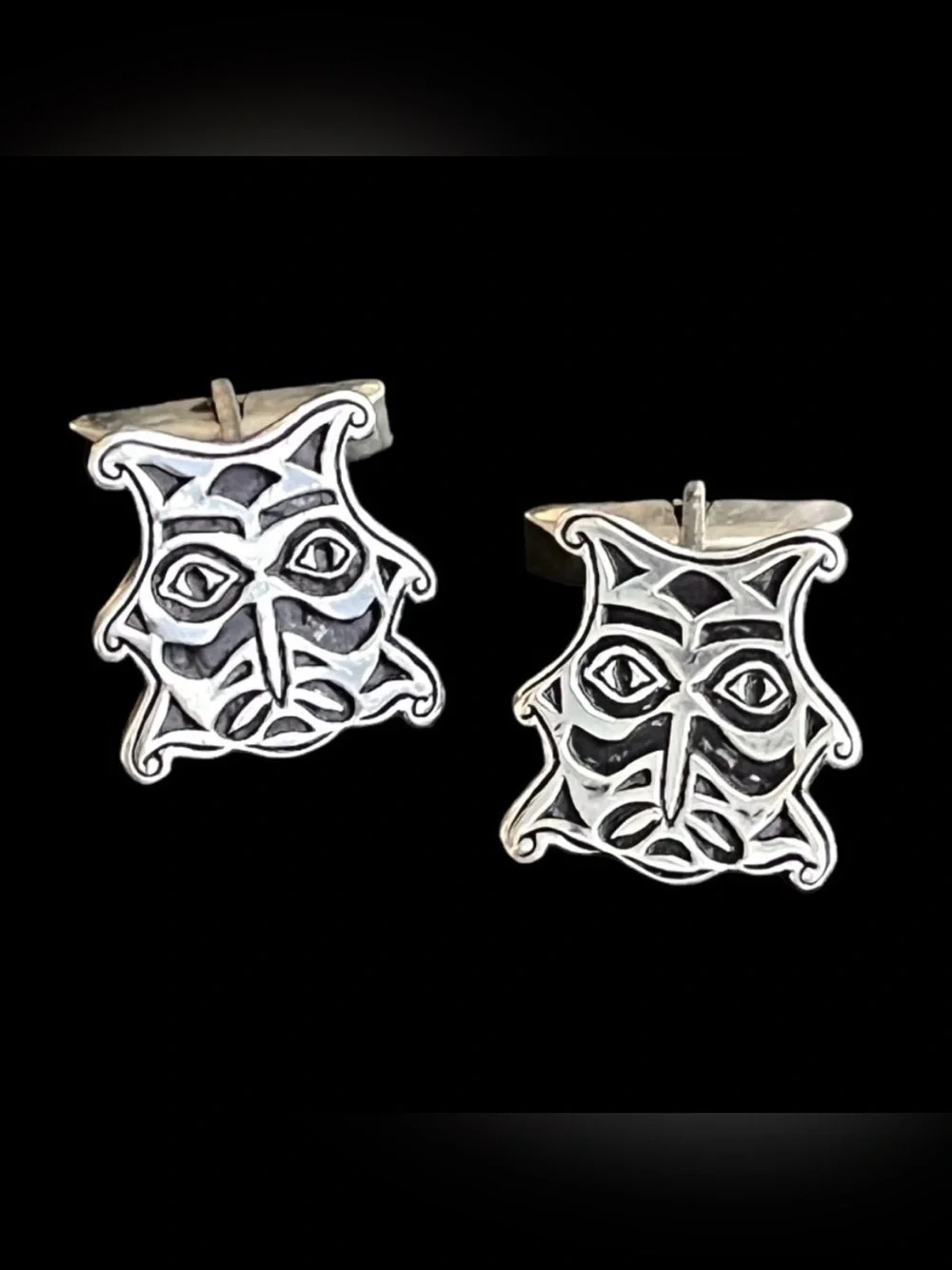 Vintage Mexican sterling silver and alpaca warrior mask mens cuff links